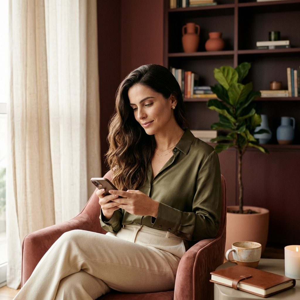 Mulher em um ambiente acolhedor, olhando uma conversa no celular